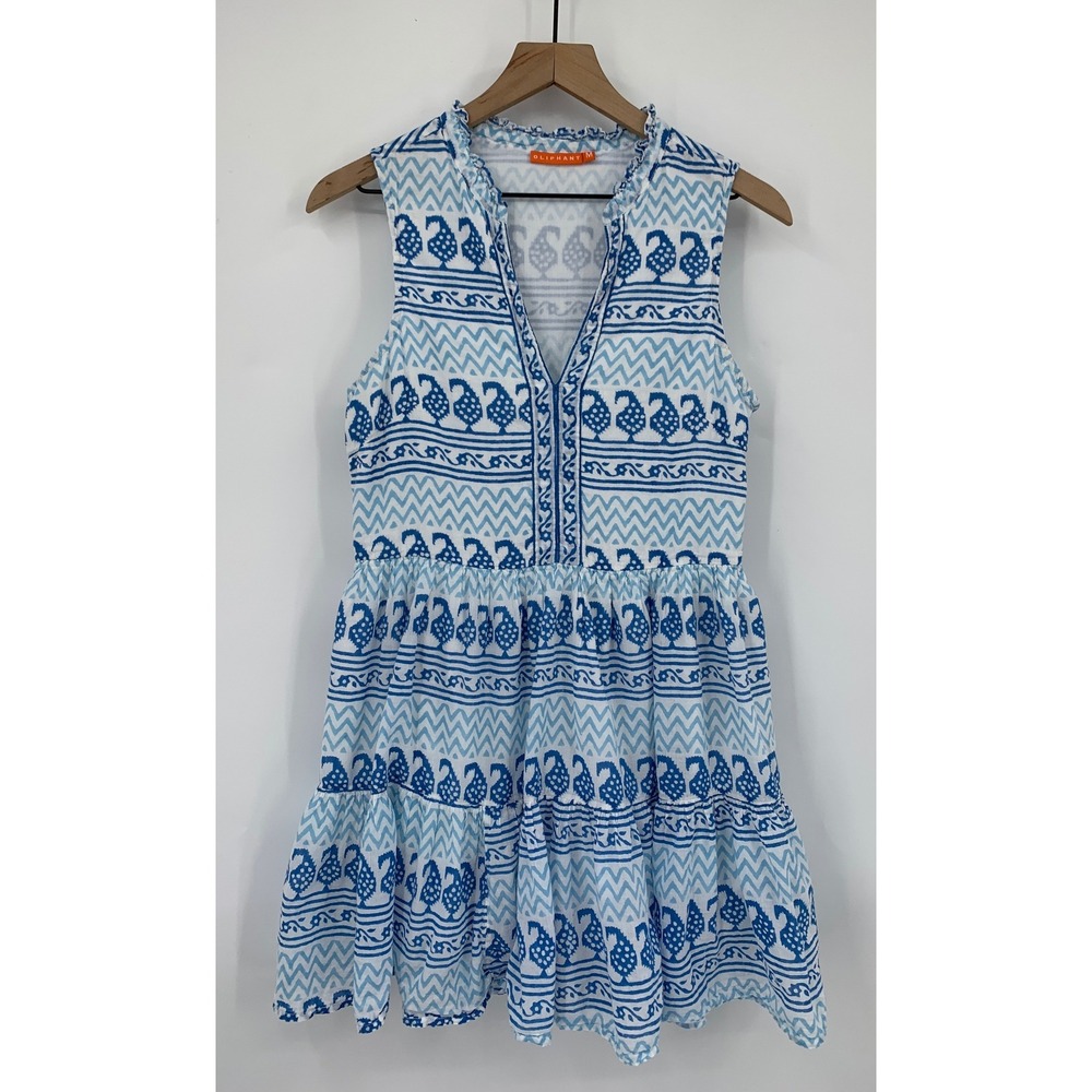 Oliphant Dress Womens Medium Blue White Geometric Sleeveless Summer Ruffle